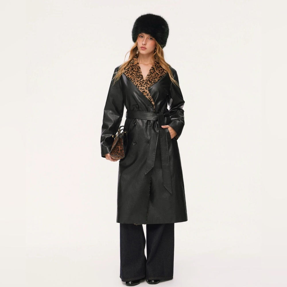 Cider FAUX LEATHER LEOPARD FAUX FUR TRIM DOUBLE BREASTED CHIC TRENCH COAT CR-1-4